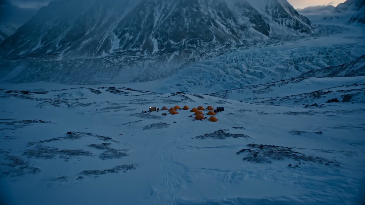 An expedition base camp at dawn beneath a colossal snow-covered mountain